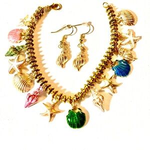 Tibetan Gold Seashell Charm Bracelet & Earrings
